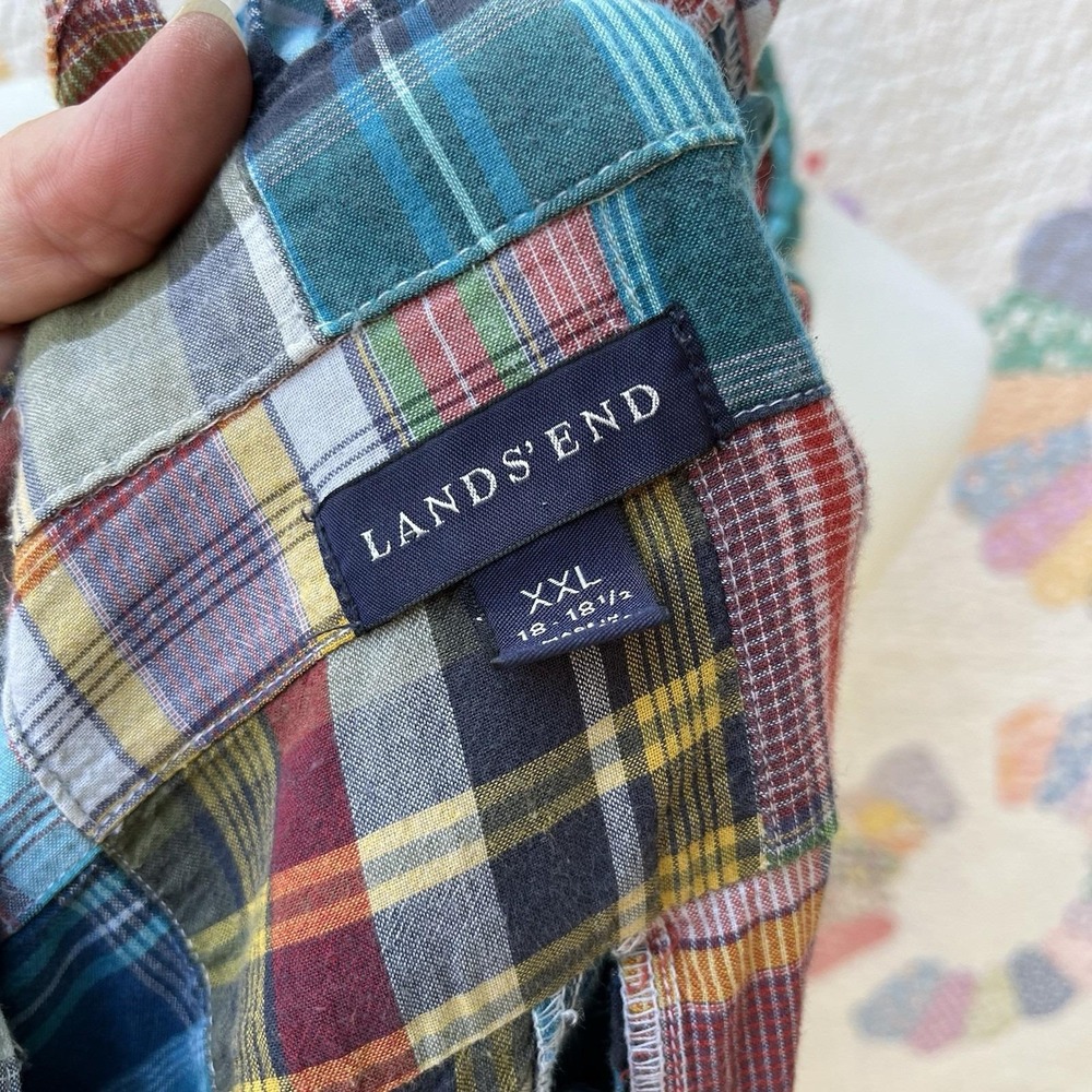 Upcycled Preppy Lands End Autumn Madras Patchwork Oversized Short Sleeve XXL - Picture 7 of 10